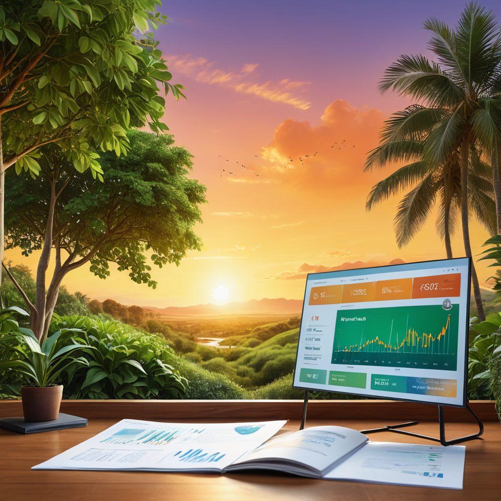 A serene financial landscape featuring a diverse group of individuals accessing various credit resources, such as bright brochures, digital screens displaying growth charts, and tools for debt management. Incorporate elements like a calming sunset in the background, symbolizing hope and new beginnings, along with lush greenery to represent financial growth. The atmosphere should be inviting and informative, appealing to readers seeking guidance. super-realistic. vibrant colors. dynamic composition.