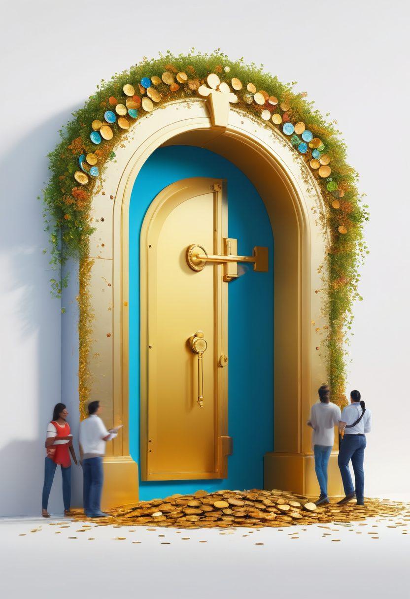 A golden key unlocking a giant vault overflowing with colorful coins, while a diverse group of people look on with smiles, holding financial documents and digital devices. The background features a bright blue sky and lush green fields symbolizing freedom. infographics about credit tips floating around. super-realistic. vibrant colors. white background.