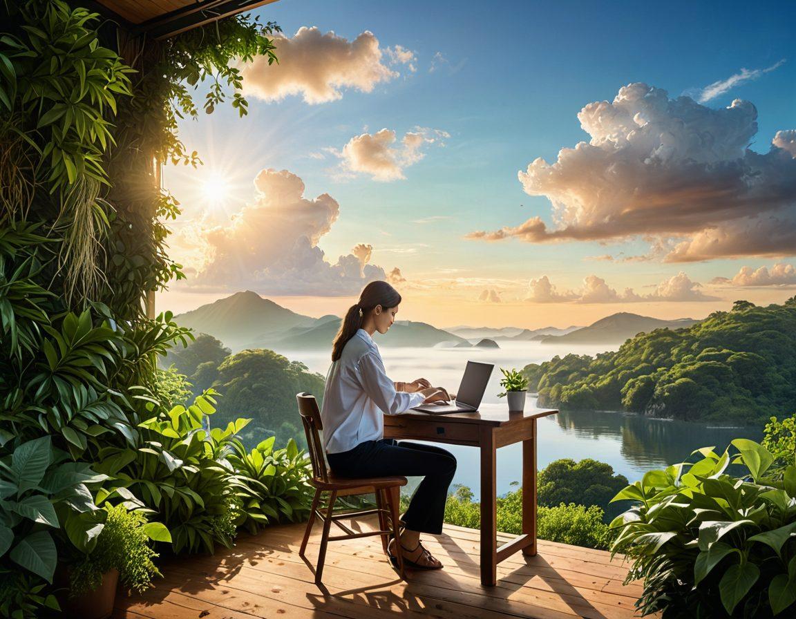 A serene landscape depicting a person sitting at a desk with financial documents and a laptop, surrounded by plants symbolizing growth and stability. In the background, a clear sky with soft clouds and a rising sun symbolizes hope and new beginnings, while charts and graphs float subtly above illustrating credit improvement. The overall atmosphere should feel calm yet inspiring. vibrant colors. super-realistic.